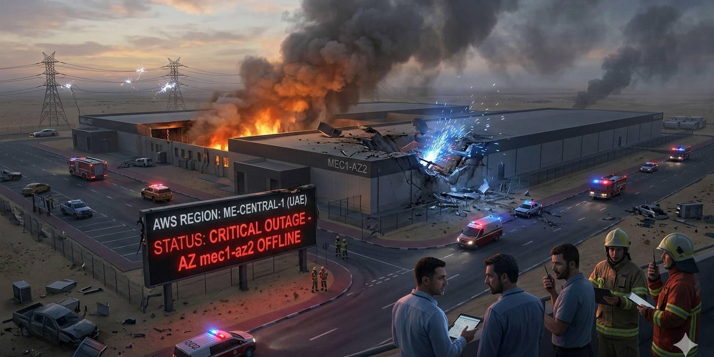 Infografica incendio data center AWS regione ME-CENTRAL-1 Medio Oriente marzo 2026 stato critico.