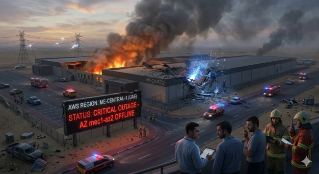 AWS crigital down marzo 2026 Infografica incendio data center AWS regione ME-CENTRAL-1 Medio Oriente marzo 2026 stato critico.