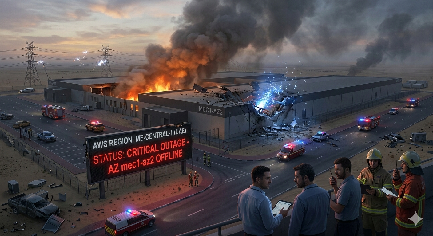 Infografica incendio data center AWS regione ME-CENTRAL-1 Medio Oriente marzo 2026 stato critico.