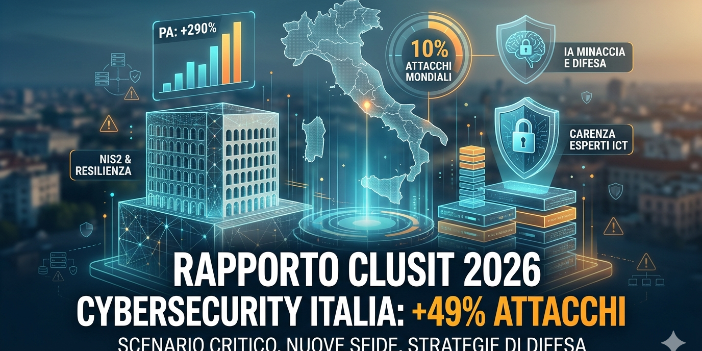 Cybersecurity Italia Scopri i dati shock del Rapporto Clusit 2026: gli attacchi cyber in Italia crescono del 49%. Analisi su Direttiva NIS2, minacce AI