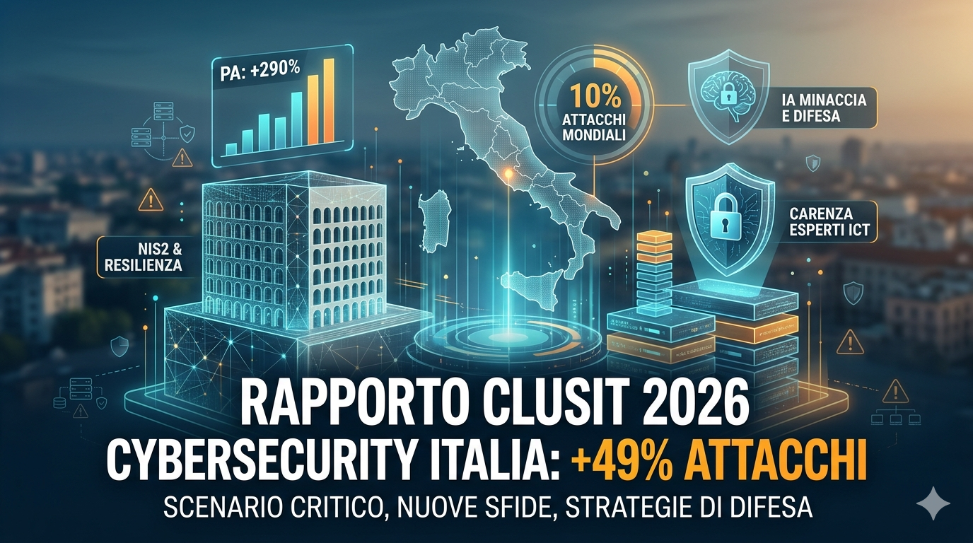 Cybersecurity Italia Scopri i dati shock del Rapporto Clusit 2026: gli attacchi cyber in Italia crescono del 49%. Analisi su Direttiva NIS2, minacce AI