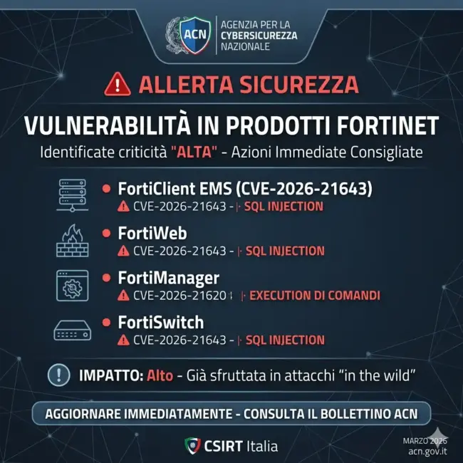 L’Agenzia per la Cybersicurezza Nazionale (ACN), tramite lo CSIRT Italia, ha diramato un nuovo avviso di sicurezza riguardante molteplici prodotti della famiglia Fortinet.