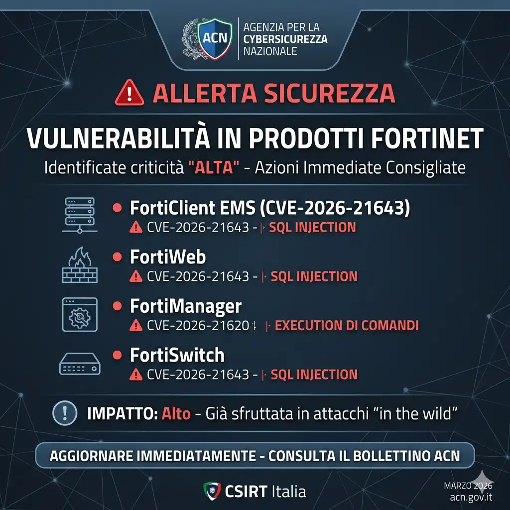 L’Agenzia per la Cybersicurezza Nazionale (ACN), tramite lo CSIRT Italia, ha diramato un nuovo avviso di sicurezza riguardante molteplici prodotti della famiglia Fortinet.
