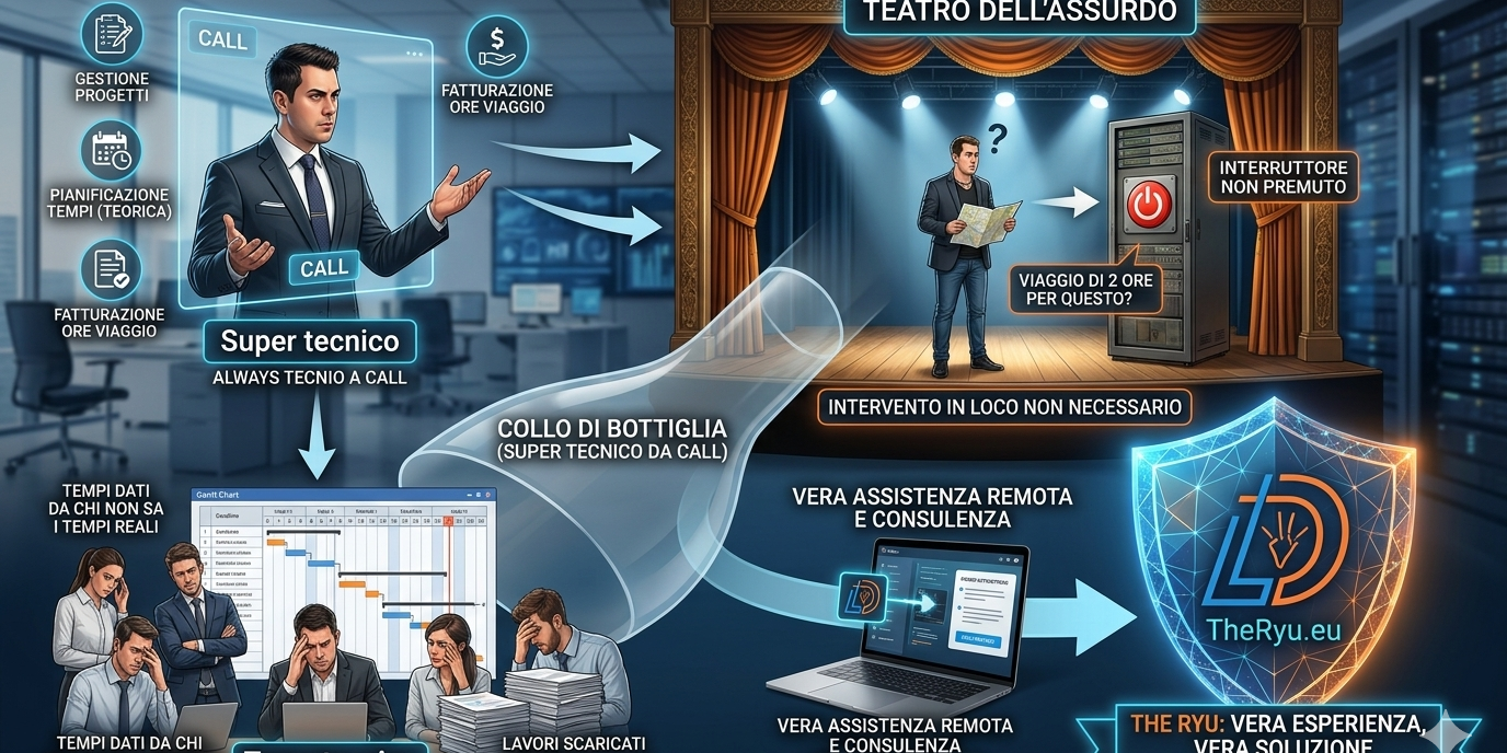 L'assistenza IT tra trincea e teatro quando i "Super tecnici" da call creano colli di bottiglia e inutili interventi in loco. Scopri la verità tra trincea e consulenza fasulla su TheRyu.eu.