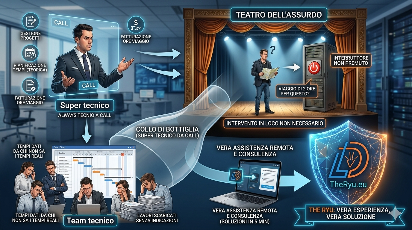 L'assistenza IT tra trincea e teatro quando i "Super tecnici" da call creano colli di bottiglia e inutili interventi in loco. Scopri la verità tra trincea e consulenza fasulla su TheRyu.eu.