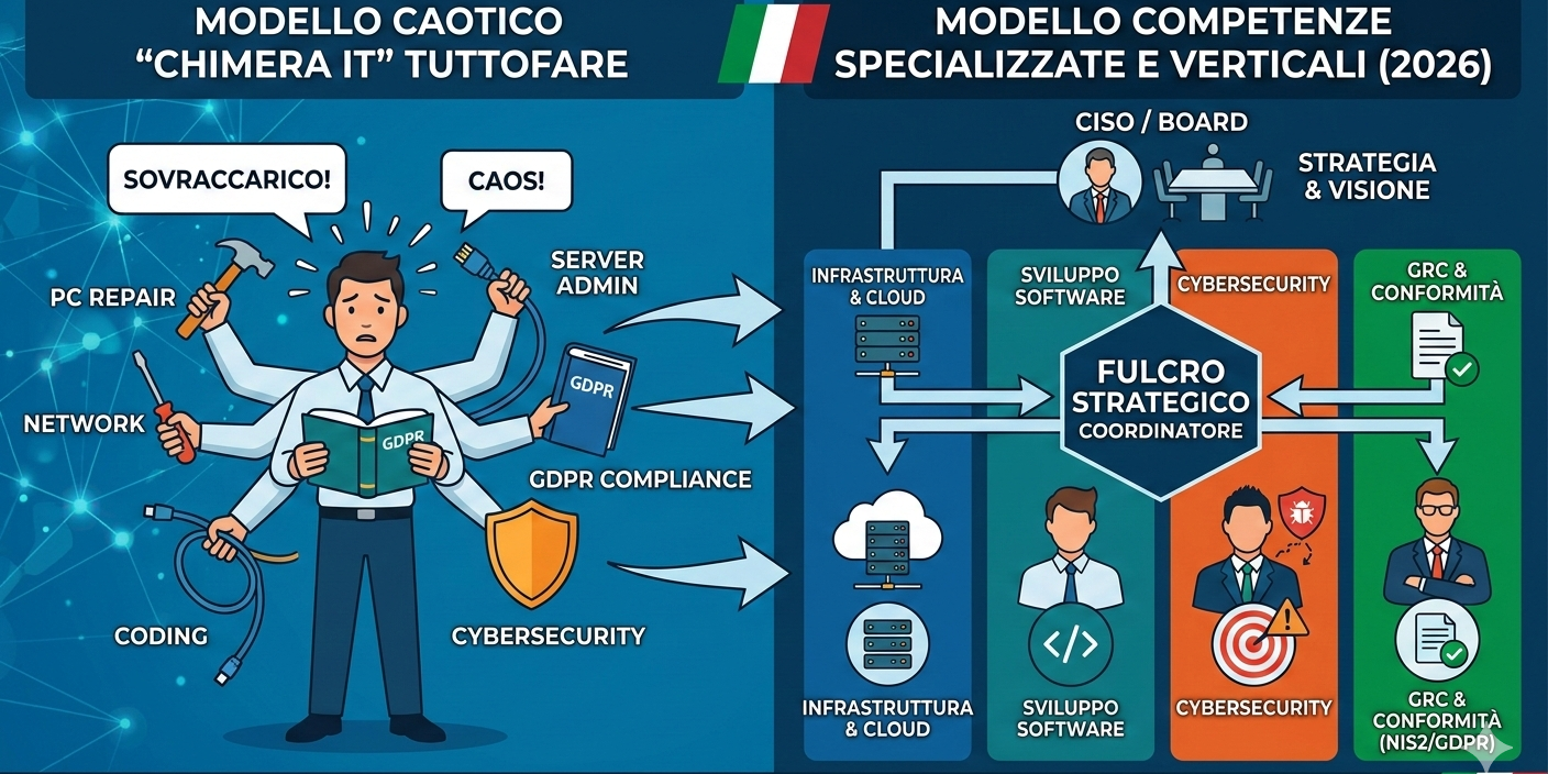 L'Italia cerca 236.000 esperti ICT, ma le aziende rincorrono la "Chimera IT". Scopri perché il tecnico multitasking è un pericolo per i tuoi dati e perché serve un fulcro strategico per la Cybersecurity. Competenze ICT Italia