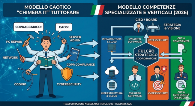 L'Italia cerca 236.000 esperti ICT, ma le aziende rincorrono la "Chimera IT". Scopri perché il tecnico multitasking è un pericolo per i tuoi dati e perché serve un fulcro strategico per la Cybersecurity. Competenze ICT Italia