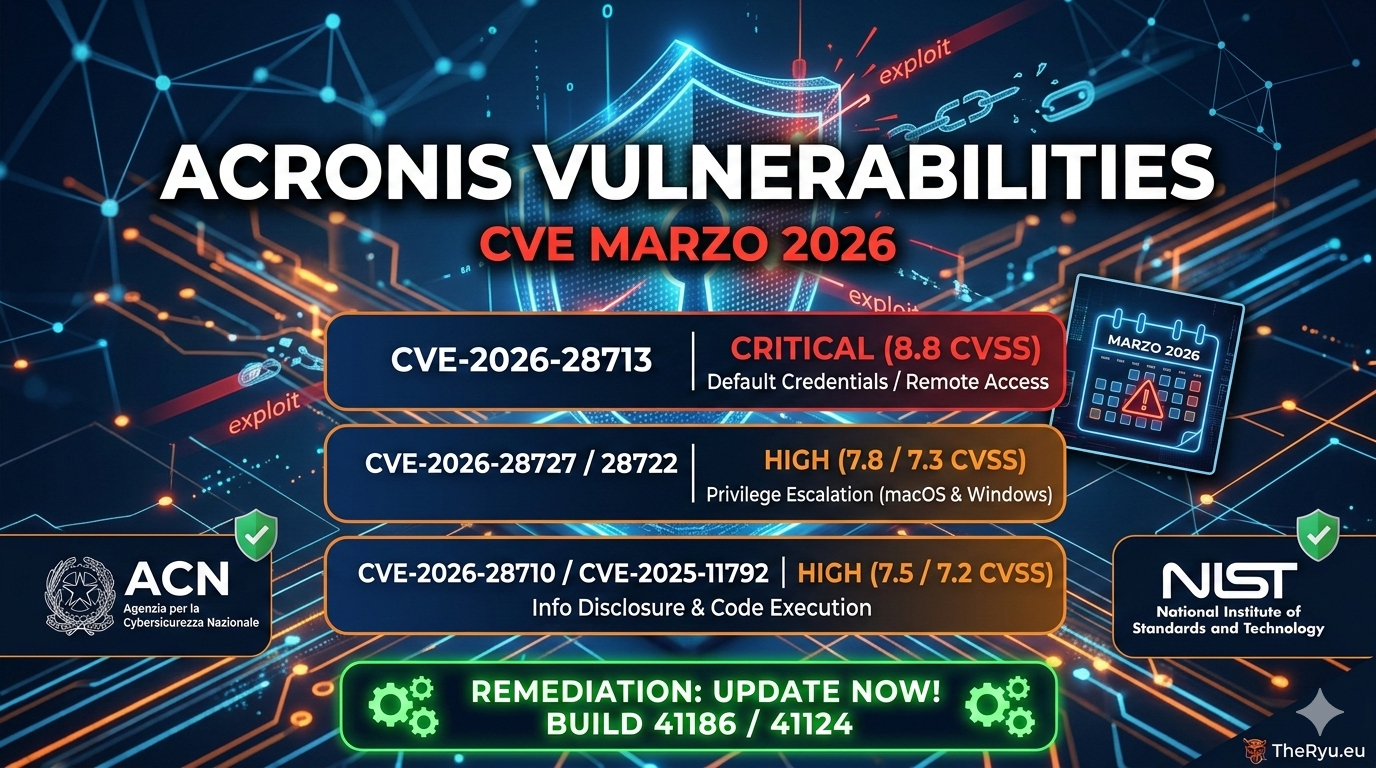 Scopri i dettagli sulle recenti vulnerabilità Acronis rilevate da ACN. Analisi tecnica degli score NIST, prodotti impattati e guida alla remediation Vulnerabilità Acronis Marzo 2026