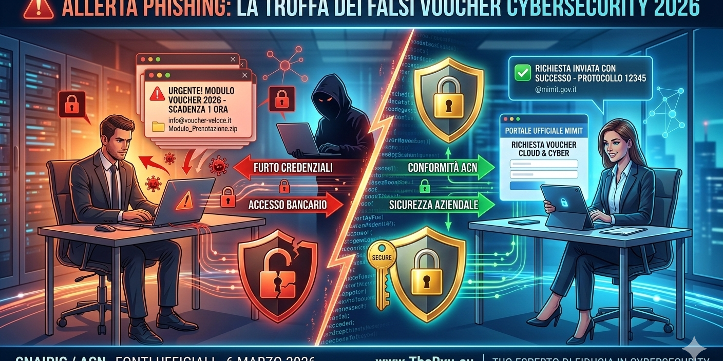 Attenzione alla nuova campagna di phishing in Italia: Falsi Voucher Cybersecurity 2026 nascondono malware. Scopri come riconoscere la truffa e proteggere la tua azienda.