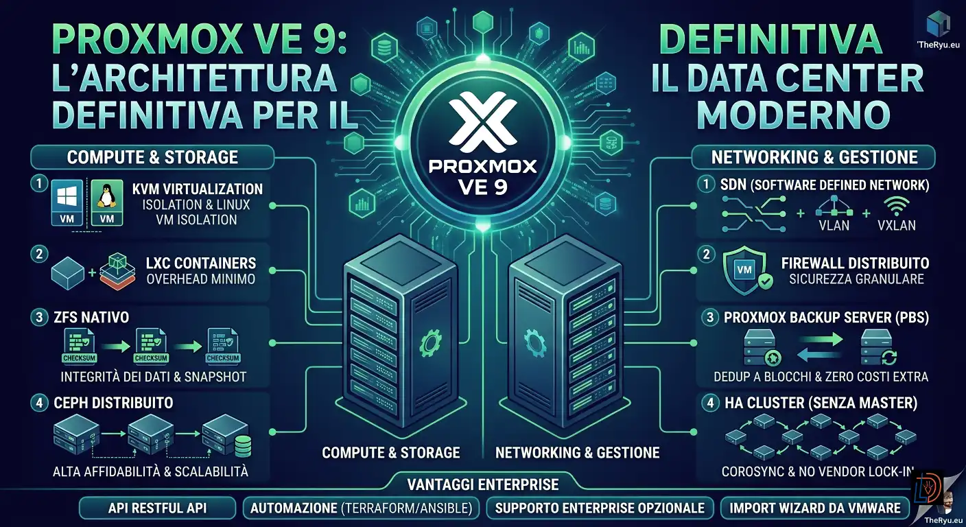Proxmox VE (Virtual Environment) non è solo un hypervisor; è una piattaforma di gestione della virtualizzazione completa: Calcolo Rete Storage Backup