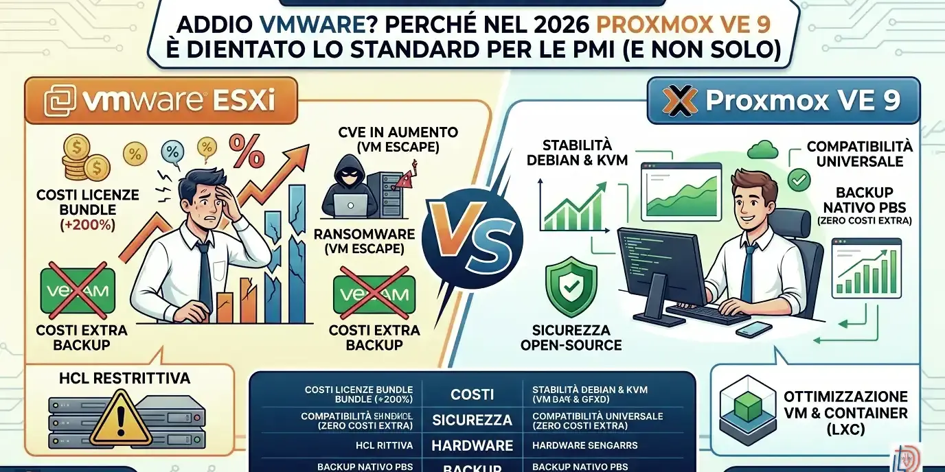 vmware vs VMware vs Proxmox Se un tempo VMware ESXi era la scelta sicura oggi quella sicurezza si è trasformata in un'incognita finanziaria e tecnica.