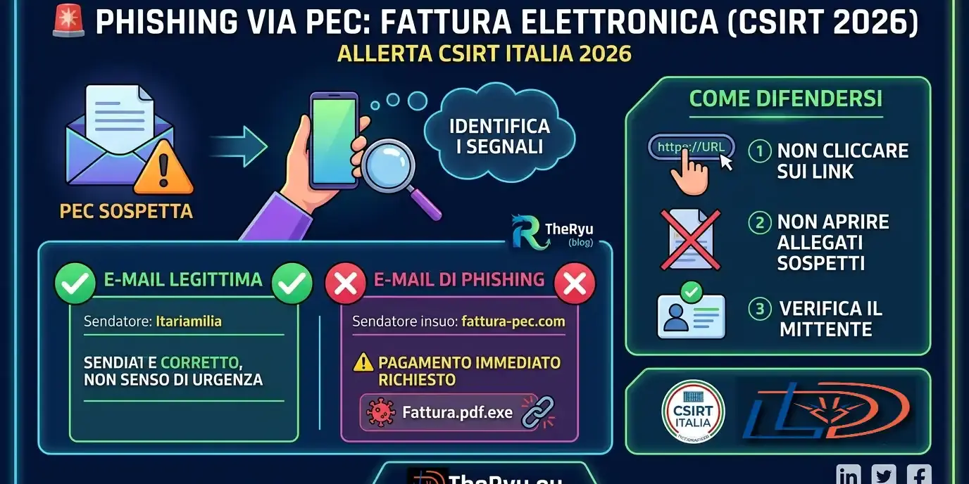 PHISHING FATTURA ELETTRONICA 2026 CSIRT Italia rileva nuova campagna phishing a tema fattura elettronica veicolata via PEC. Scopri come funziona l'attacco malware e come proteggersi dalle truffe 2026.