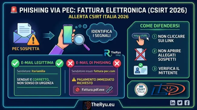 CSIRT Italia rileva nuova campagna phishing a tema fattura elettronica veicolata via PEC. Scopri come funziona l'attacco malware e come proteggersi dalle truffe 2026.